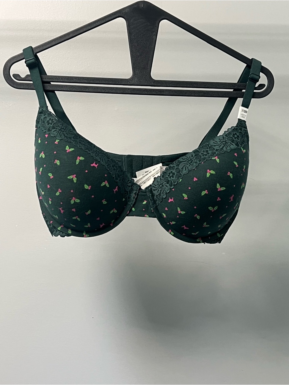 Victoria's Secret Dark Green Padded Bra with Pink & Green Floral Dots